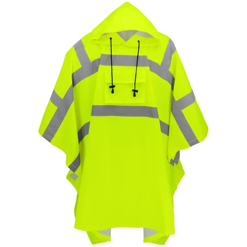 Global Glove FrogWear High-Visibility Yellow/Green Rain Poncho with Reflective Material, ANSI Class 3 PVC-Coated Polyester, Water and Rain Resistant for Protection from Outdoor Elements