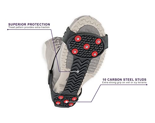 Ice Gripster Treads Nonslip Traction Cleats for Snow and Ice, Anti-Slip Overshoe Crampons with Adjustable Cinch Cord, 10 Carbon Steel Studs for Secure Grip, Extra Large, Black and Red