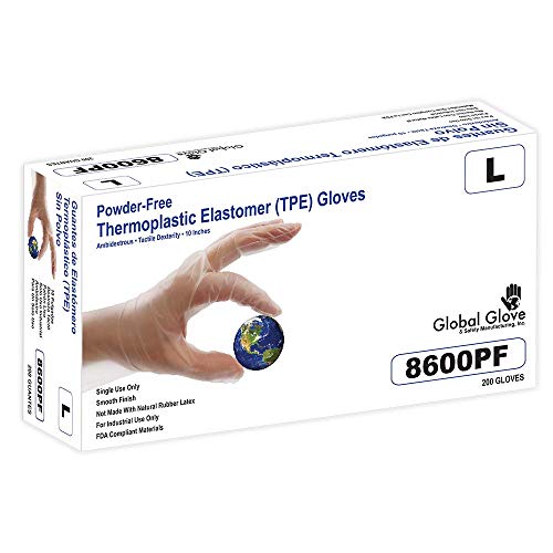 Global Glove 8600PF Thermoplastic Elastomer (TPE) Powder-Free, Clear, 2 Mil, Smooth Finish, 10-Inch Disposable Gloves (Medium) - Box of 200