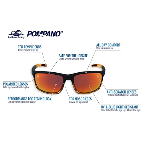 Bullhead Safety Pompano Polarized Safety Glasses with Performance Fog Technology, ANSI Z87+, Blue Light with UV Light and Anti-Scratch Protection, Red Mirror Lenses with Tortoise/Black Frame