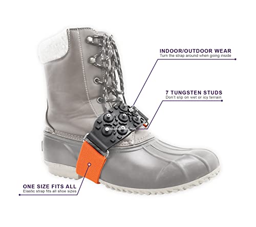 Global Glove and Safety Gripster Treads Nonslip Traction Cleats for Snow and Ice, Anti-Slip Overshoe Mid-Sole Crampons with Adjustable Straps, 7 Tungsten Studs for Secure Grip, Orange and Black