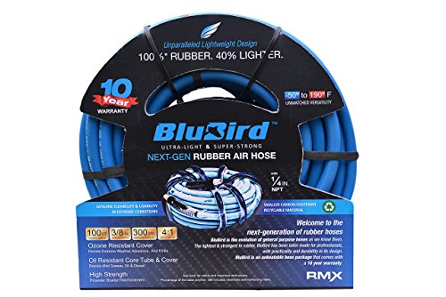 BLUBIRD BB38100 3/8" x 100' Rubber Air Hose, 100% Rubber, Lightest, Strongest, Most Flexible, 300 PSI, 50F to 190F Degrees, Ozone Resistant, High Strength Polyester Braided