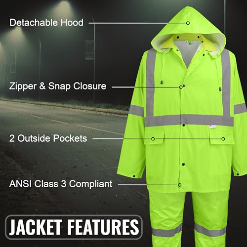 Global Glove - GLO-8000-L GLO-8000 - FrogWear HV - 3-Piece High-Visibility Rain Suit - Large