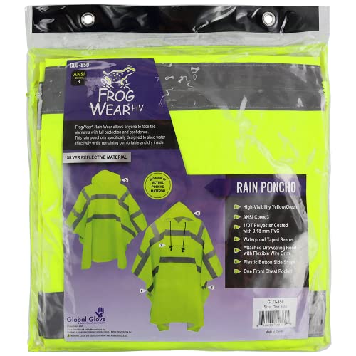Global Glove FrogWear High-Visibility Yellow/Green Rain Poncho with Reflective Material, ANSI Class 3 PVC-Coated Polyester, Water and Rain Resistant for Protection from Outdoor Elements