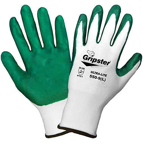 Global Glove 550 Gripster Ultralite Nitrile Glove with Knit Wrist Liner, Work, Large, Dark Green/White (Case of 72)