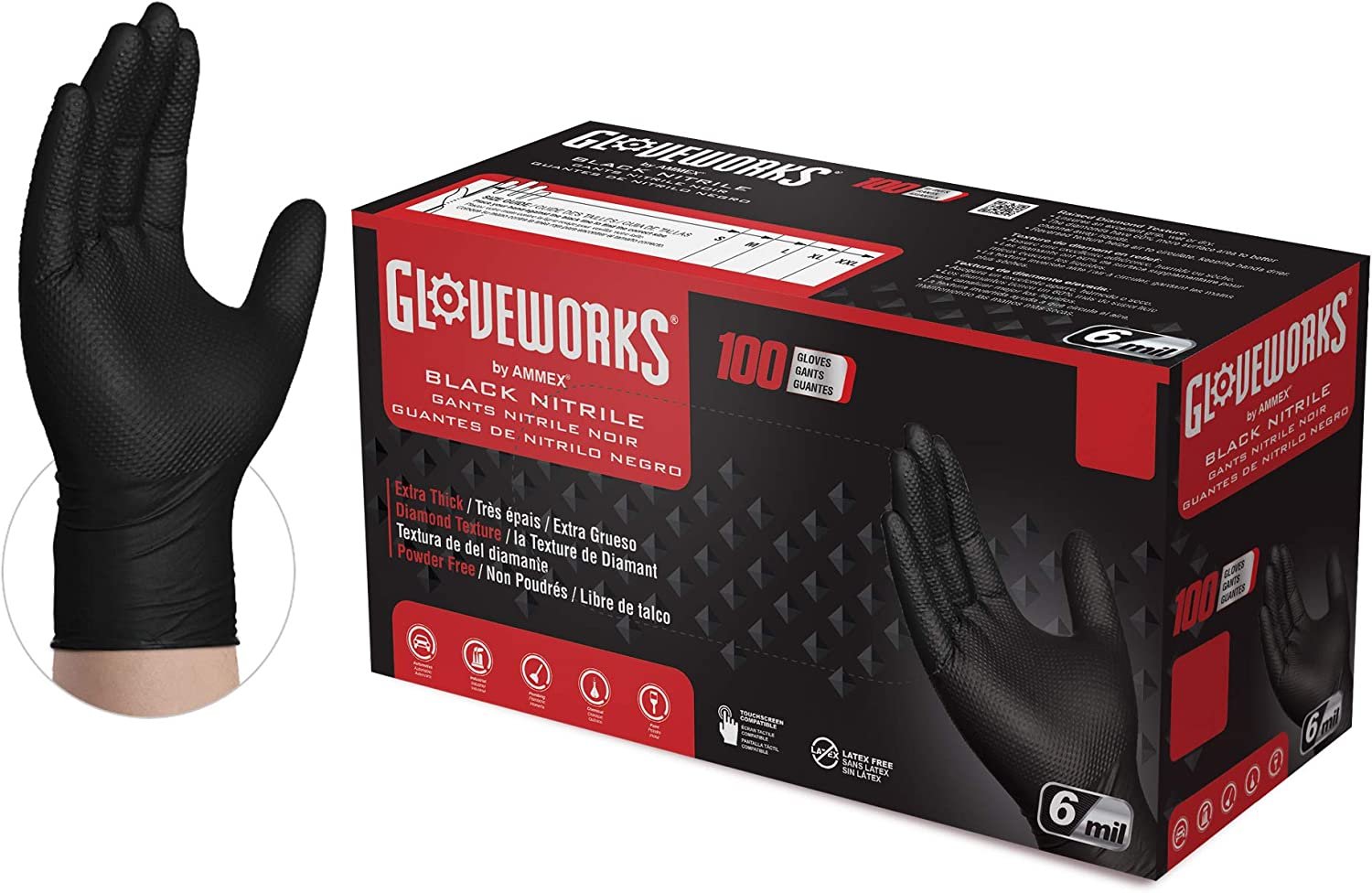 "GLOVEWORKS®" 5 MIL BLACK NITRILE GLOVES DIAMOND TEXTURE (CASE) - New England Safety Supply
