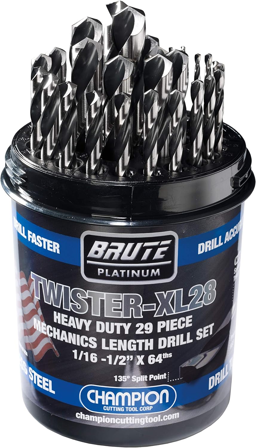 Champion Cutting Tool Brute Platinum 29 Piece 1/16-1/2" x 64ths HSS Mechanics Length Twister-XL28 Drill Bit Set-135 Degree Split Point, Water Resistant Index-MADE IN USA