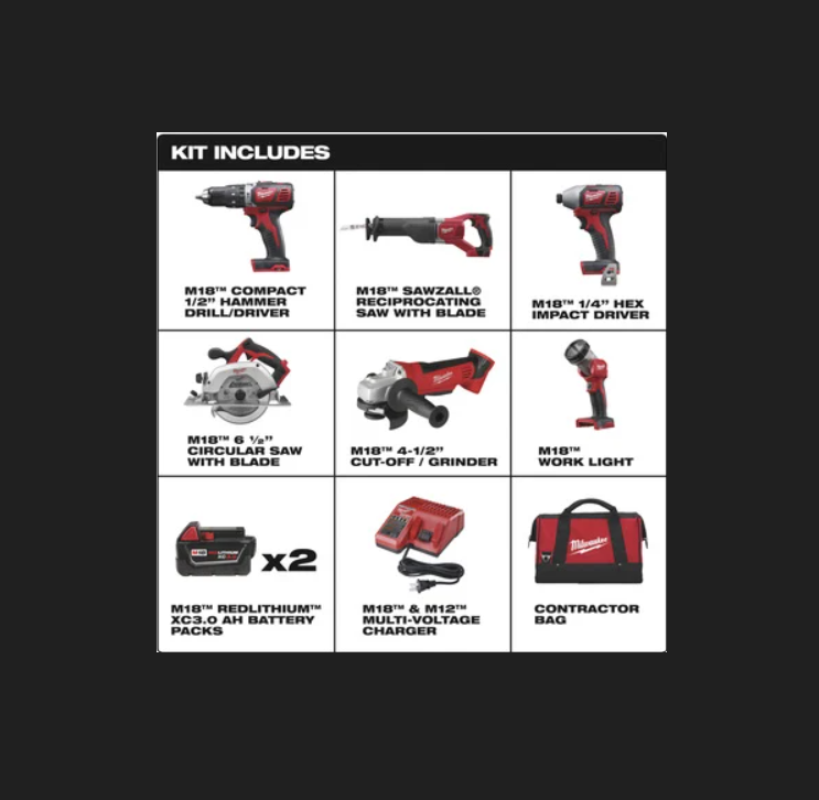 Milwaukee M18 Li-Ion Cordless Power Tool Set — 6-Tool Set, 2 Batteries - New England Safety Supply