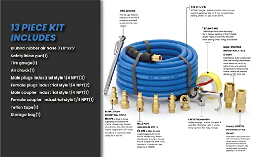 BLUBIRD BB3825KIT 3/8" x 25' Air Compressor Accessory Kit, 100% Rubber, Lightest, Strongest, Most Flexible, 300 PSI, 50F to 190F Degrees, Ozone Resistant, High Strength Polyester Braided, 13pc