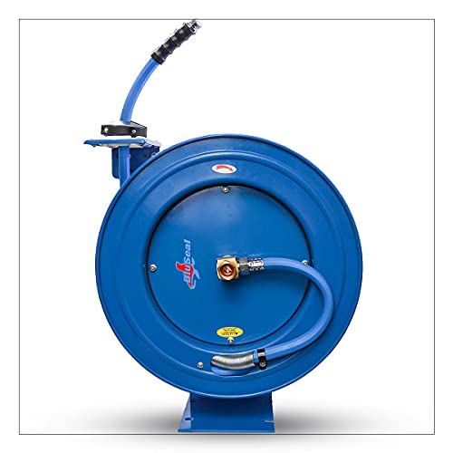 BLUSEAL BSWR5850 Retractable Hose Reel with 5/8" x 50' Hot Water Rubber Hose, 6' Lead-in, 500 PSI, Brass Fittings, Swivel Mount Hose Reel, 9 Pattern Spray Nozzle