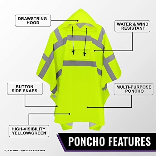 Global Glove FrogWear High-Visibility Yellow/Green Rain Poncho with Reflective Material, ANSI Class 3 PVC-Coated Polyester, Water and Rain Resistant for Protection from Outdoor Elements