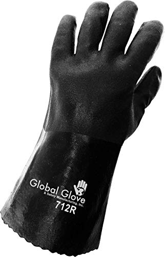 Global Glove 700 FrogWear PVC Jersey Lined Premium Glove with Knit Wrist Cuff, Chemical Resistent, 12" Length, Extra Large, Black (Case of 72)