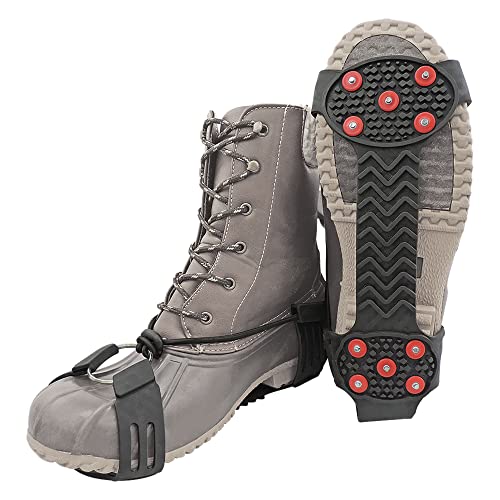 Ice Gripster Treads Nonslip Traction Cleats for Snow and Ice, Anti-Slip Overshoe Crampons with Adjustable Cinch Cord, 10 Carbon Steel Studs for Secure Grip, Extra Large, Black and Red