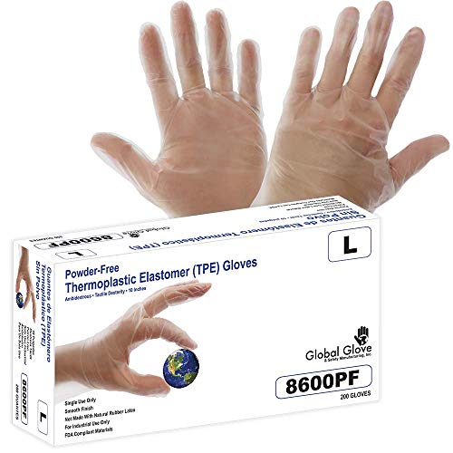 Global Glove 8600PF Thermoplastic Elastomer (TPE) Powder-Free, Clear, 2 Mil, Smooth Finish, 10-Inch Disposable Gloves (2XL) - Box of 200