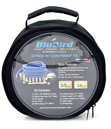 BLUBIRD BB3825KIT 3/8" x 25' Air Compressor Accessory Kit, 100% Rubber, Lightest, Strongest, Most Flexible, 300 PSI, 50F to 190F Degrees, Ozone Resistant, High Strength Polyester Braided, 13pc