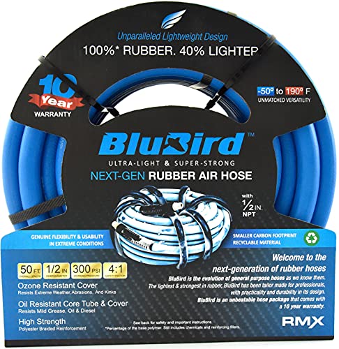 BLUBIRD BB1250 1/2" x 50' Rubber Air Hose, 100% Rubber, Lightest, Strongest, Most Flexible, 300 PSI, 50F to 190F Degrees, Ozone Resistant, High Strength Polyester Braided
