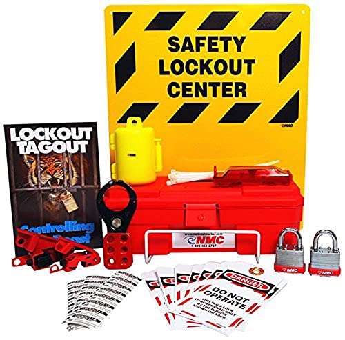 NMC LORK2 SAFETY LOCKOUT CENTER – 14 in. x 16 in. Styrene Electrical Lockout Backboard with Rack, Black Text on Yellow Base - New England Safety Supply