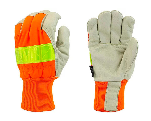 HIGH-VIZ ORANGE LINED PIGSKIN GLOVES WITH KNIT WRIST - New England Safety Supply