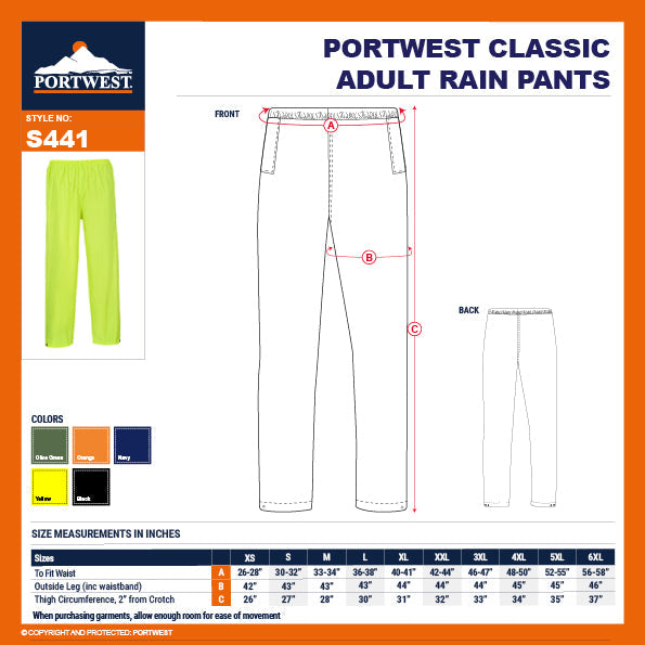 Portwest S441 Classic Adult Waterproof Work Rain Pants with Snap Adjustable Hems - New England Safety Supply