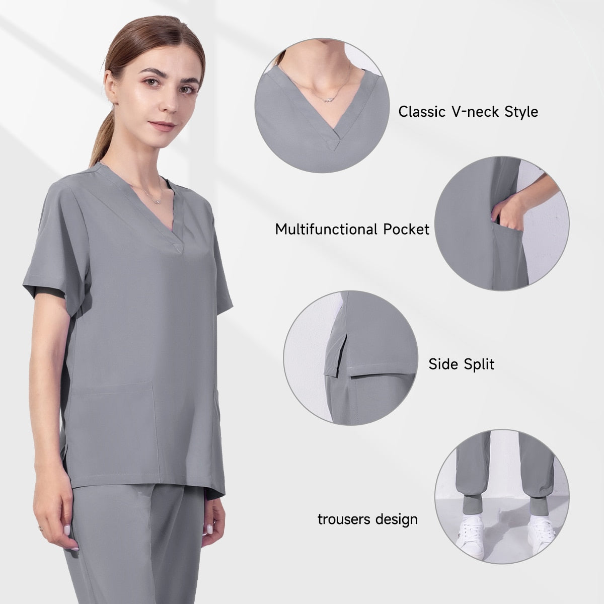 Wholesales women wear stylish scrub suits hospital uniform pant suits solid  color unisex operating uniform