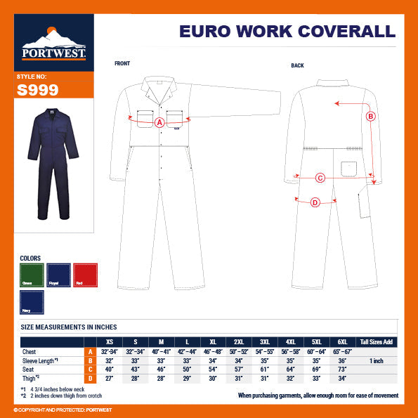 Portwest S999 Euro Polycotton Multipocket Work Coverall with Front Snap Closure - New England Safety Supply