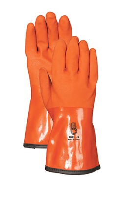 Bellingham Snow Blower 4601-LG Fleece-Lined PVC-Coated Gloves - image showcasing a pair of orange gloves with black accents, designed to provide maximum protection and comfort in cold and wet conditions. The gloves are made with high-quality PVC coating that resists chemicals, oils, and abrasion, and are fleece-lined for added warmth and comfort. Perfect for outdoor activities, including snow blowing, shoveling, and other winter tasks.