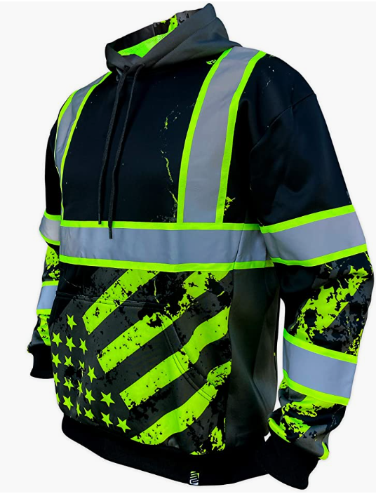 American Grit High-Vis Hoodie ANSI Class 3 - image showcasing a bright yellow hoodie with reflective strips, designed to provide high visibility in low light conditions. The hoodie also features a hood, front pocket, and is ANSI Class 3 certified for added safety.