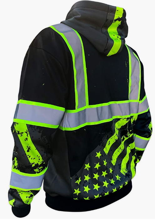 American Grit High-Vis Hoodie - ANSI Class 3 - image showcasing a high-visibility hoodie in fluorescent yellow-green color, designed to meet ANSI Class 3 safety standards. The hoodie features a hood, front pocket, and reflective strips for added visibility in low light conditions.