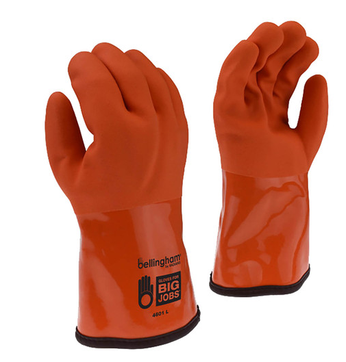 Bellingham Snow Blower 4601-LG Fleece-Lined PVC-Coated Gloves - image showcasing a pair of black gloves with blue accents, designed to provide protection and comfort in cold and wet conditions. The gloves are made with high-quality PVC coating and lined with fleece for added warmth and comfort.